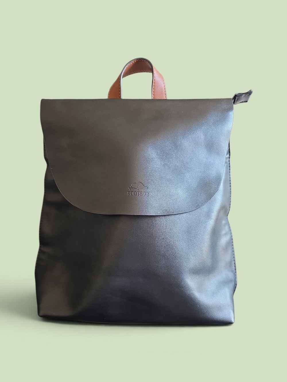 ​Roots 73 Minimalist Flap Backpack in Black & Cognac Brown